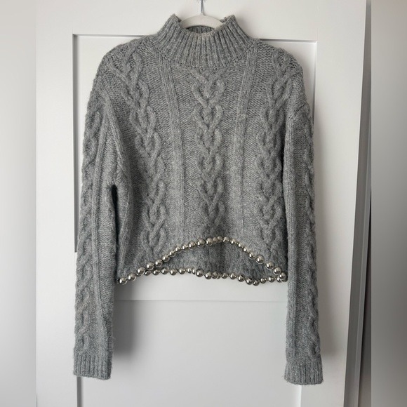 Zara Gray Cable Knit Turtleneck Sweater with Beaded Detail - Picture 5 of 7